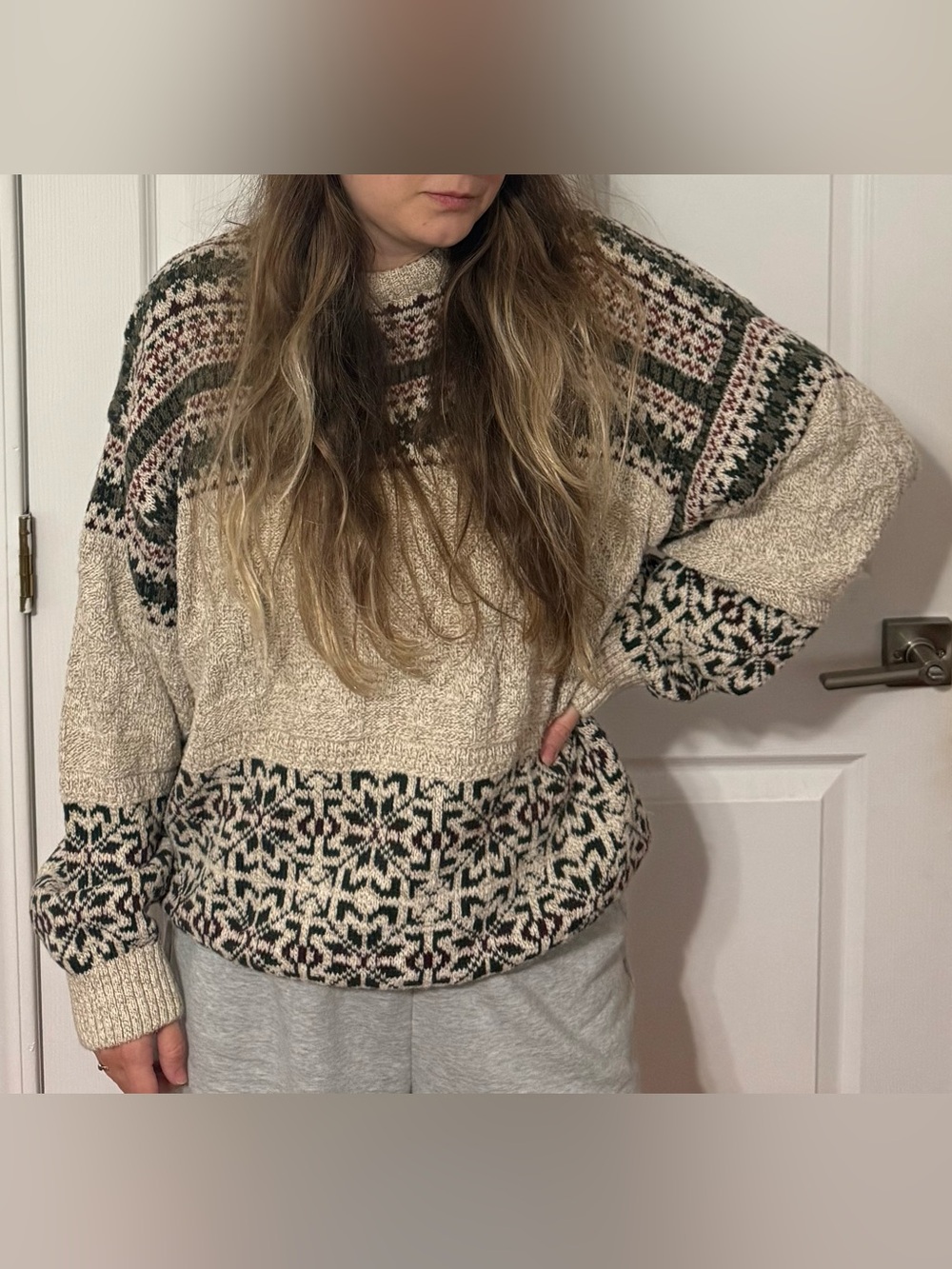 100% Cotton Vintage Eddie Bauer Cream Fair Isle Crewneck Sweater